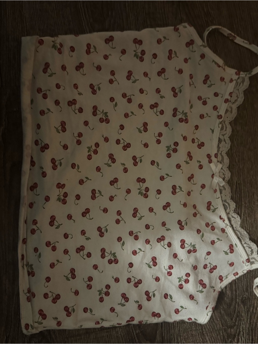 White Cherry Print Lace-Trim Tank Top